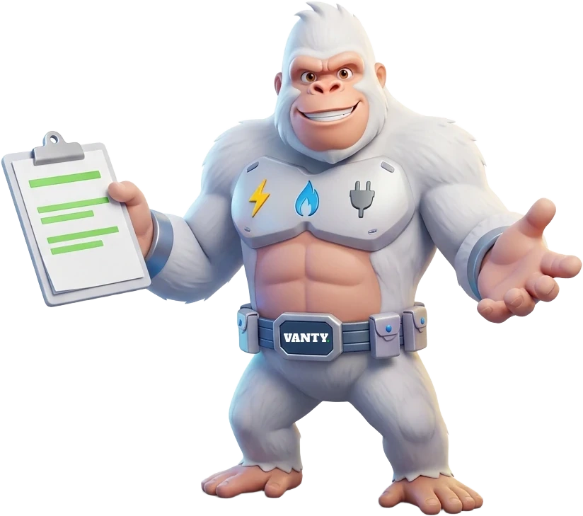 Van, el gorila blanco de Vanty Connect, te da la bienvenida con una factura en su portapapeles